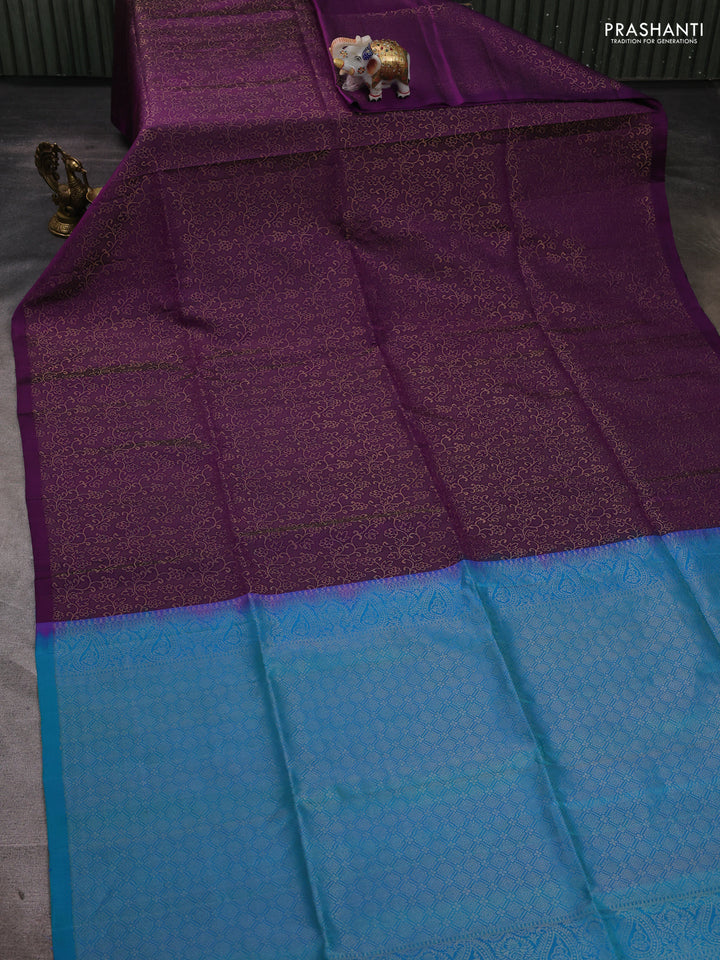 Pure soft silk saree purple and dual shade of bluish green with allover zari woven brocade weaves in borderless style