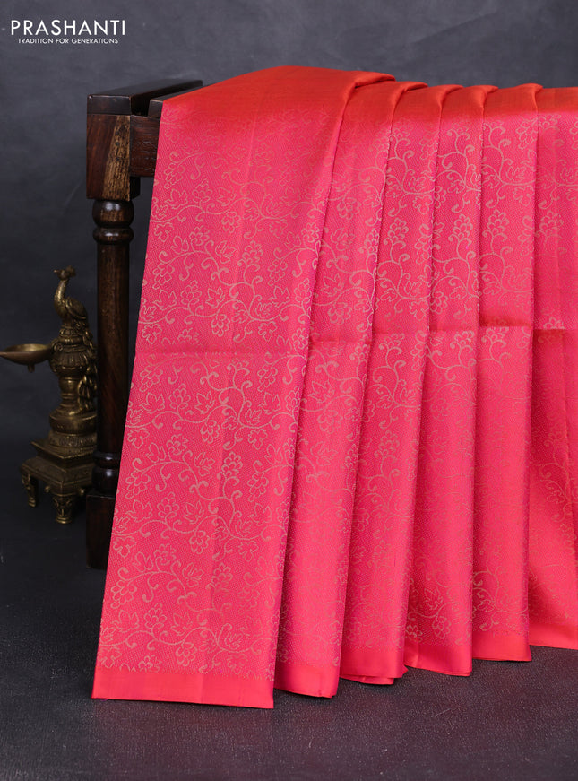 Pure soft silk saree dual shade of pinkish orange and purple with allover zari woven brocade weaves in borderless style