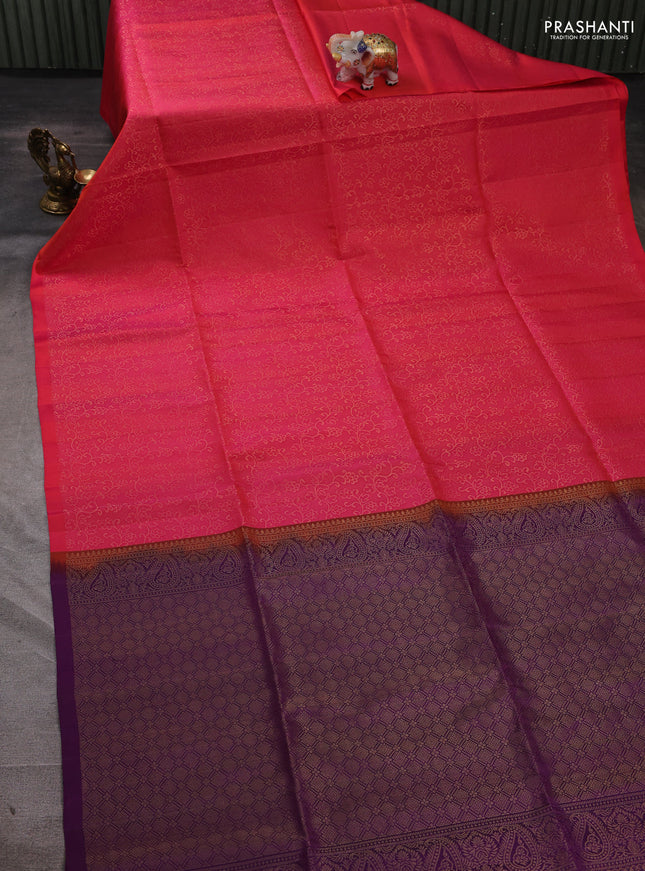 Pure soft silk saree dual shade of pinkish orange and purple with allover zari woven brocade weaves in borderless style