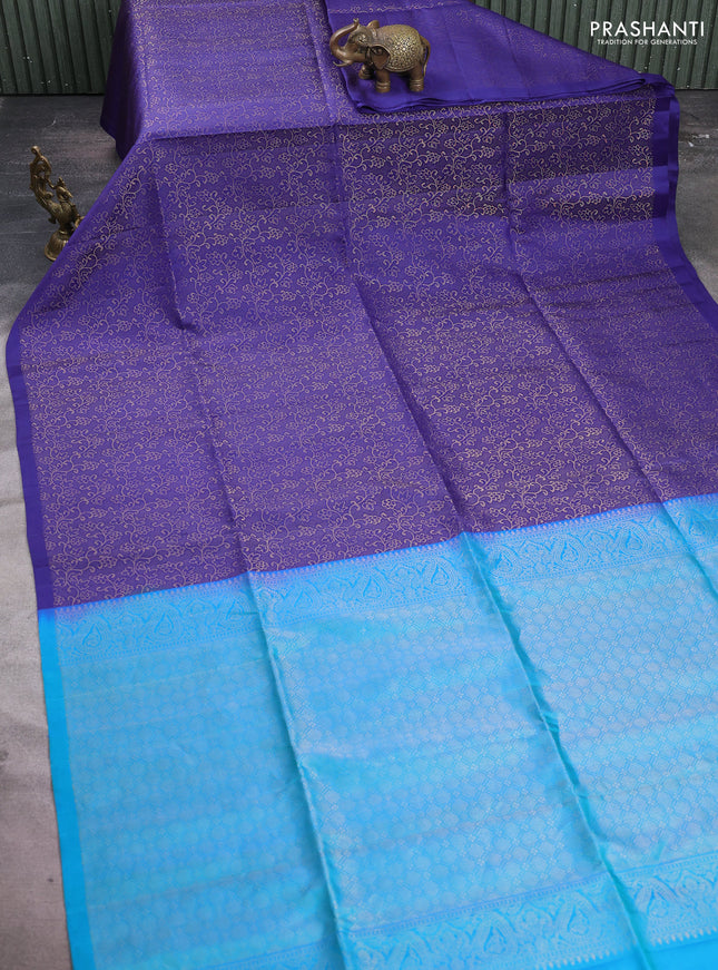 Pure soft silk saree blue and dual shade of bluish green with allover zari woven brocade weaves in borderless style