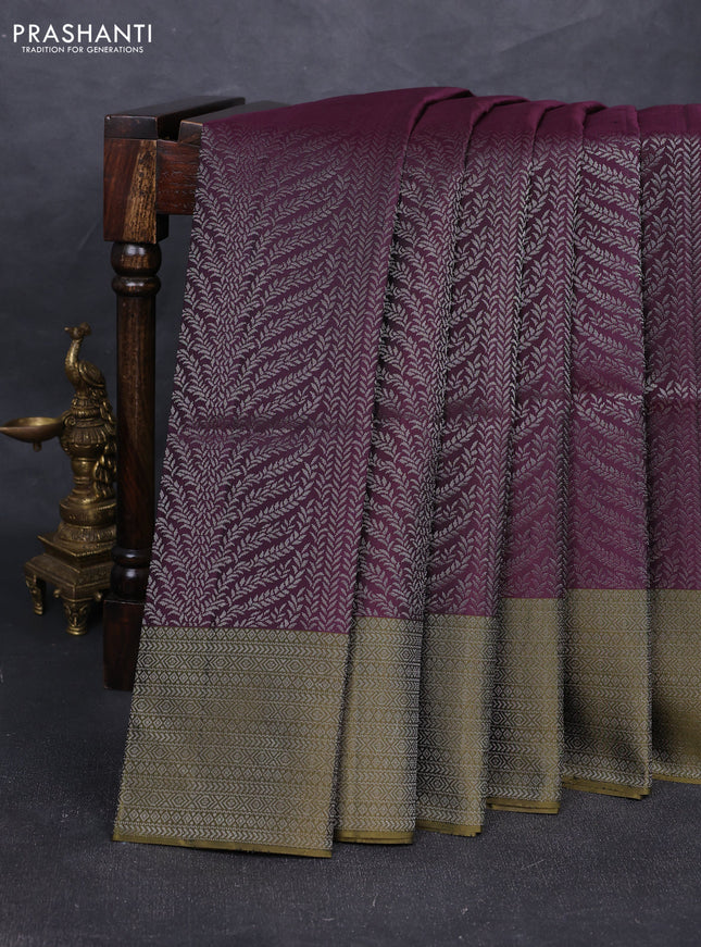 Pure soft silk saree deep wine shade and olive green with allover silver zari woven brocade weaves and silver zari woven border