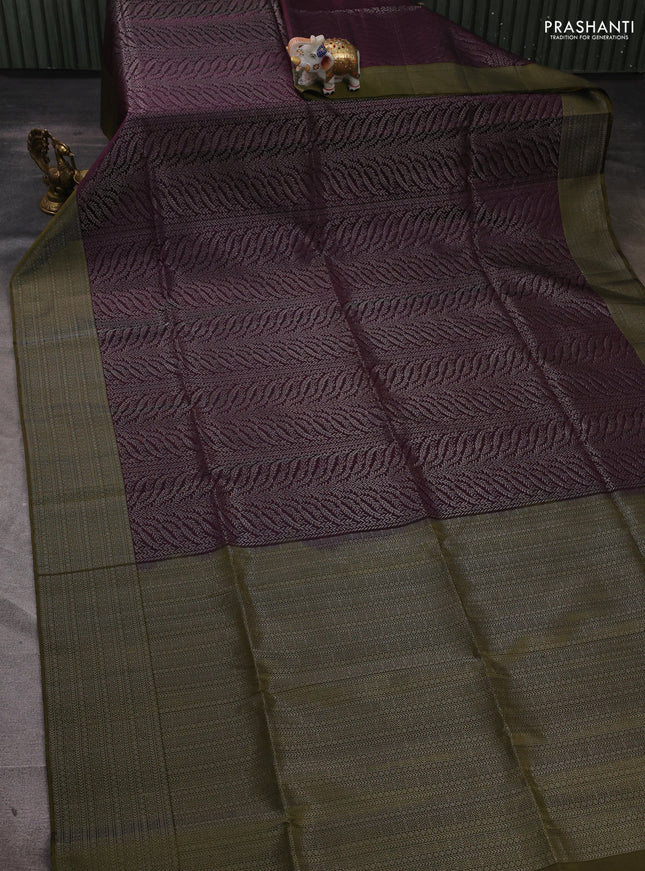 Pure soft silk saree deep wine shade and olive green with allover silver zari woven brocade weaves and silver zari woven border