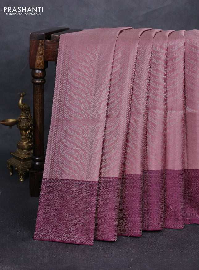 Pure soft silk saree rosy brown and wine shade with allover silver zari woven brocade weaves and silver zari woven border