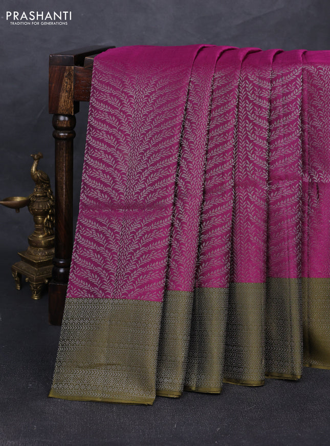 Pure soft silk saree purple and mehendi green with allover silver zari woven brocade weaves and silver zari woven border