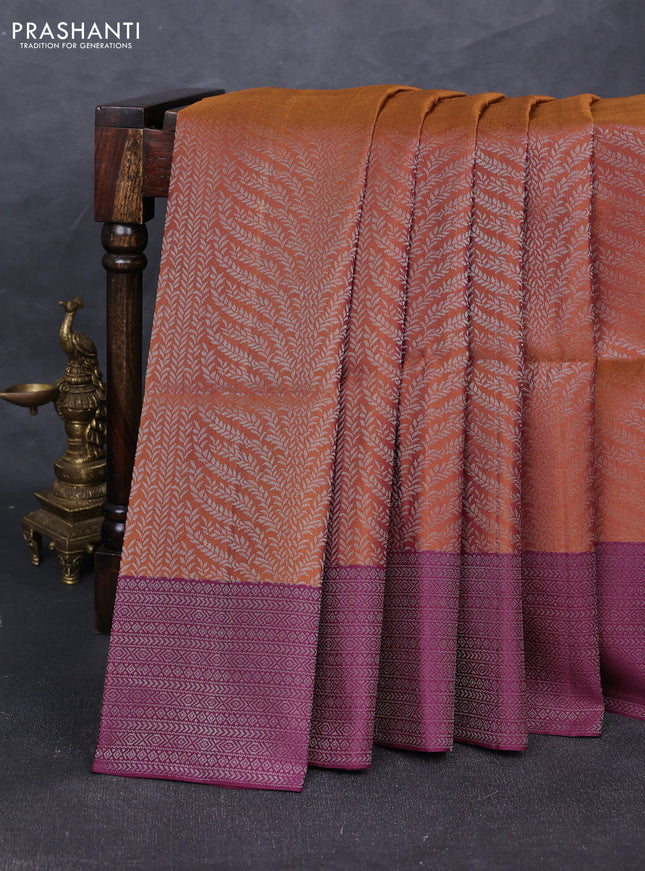 Pure soft silk saree brown and wine shade with allover silver zari woven brocade weaves and silver zari woven border