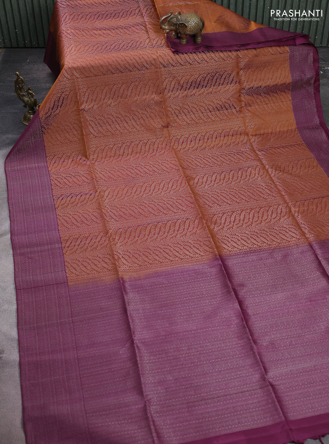 Pure soft silk saree brown and wine shade with allover silver zari woven brocade weaves and silver zari woven border