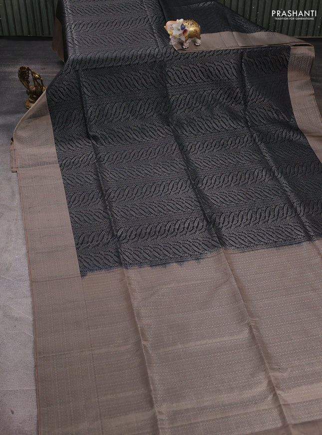 Pure soft silk saree black and chikku shade with allover silver zari woven brocade weaves and silver zari woven border