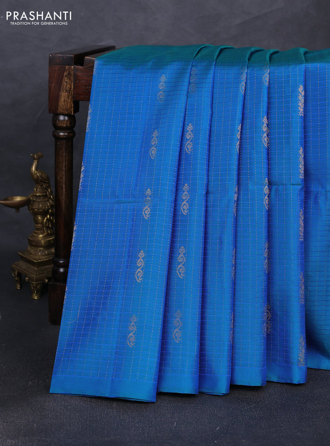 Pure soft silk saree dual shade of blu and purple with allover checked pattern & zari buttas in borderless style
