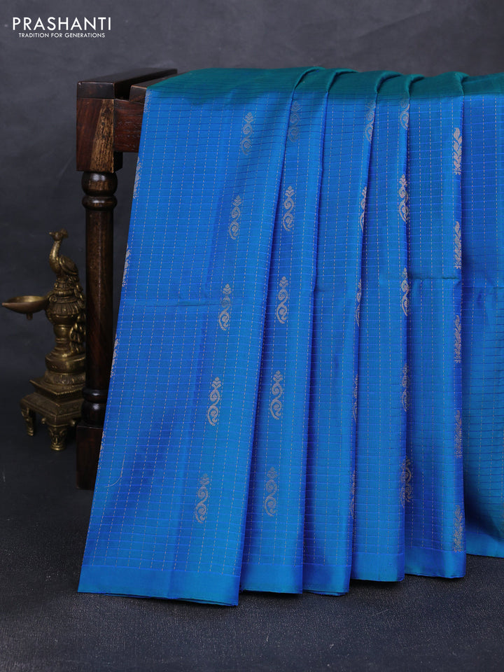 Pure soft silk saree dual shade of blu and purple with allover checked pattern & zari buttas in borderless style