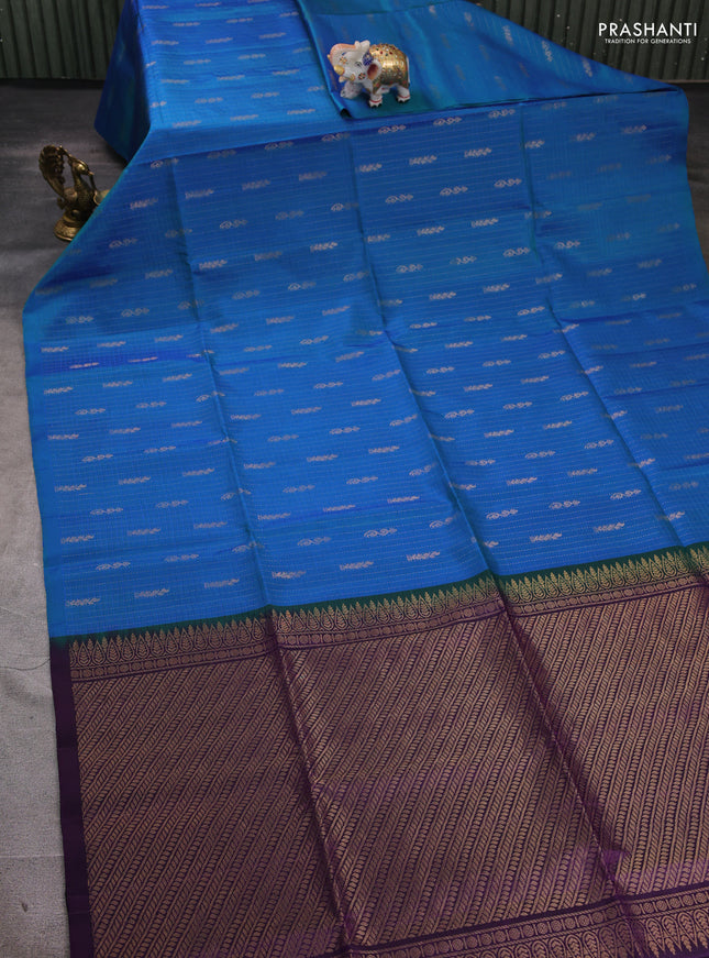 Pure soft silk saree dual shade of blu and purple with allover checked pattern & zari buttas in borderless style