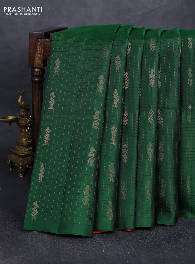 Pure soft silk saree bottle green and maroon with allover checked pattern & zari buttas in borderless style
