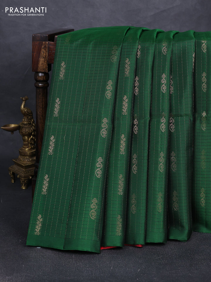 Pure soft silk saree bottle green and maroon with allover checked pattern & zari buttas in borderless style