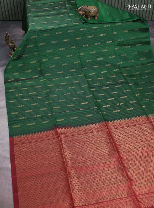 Pure soft silk saree bottle green and maroon with allover checked pattern & zari buttas in borderless style