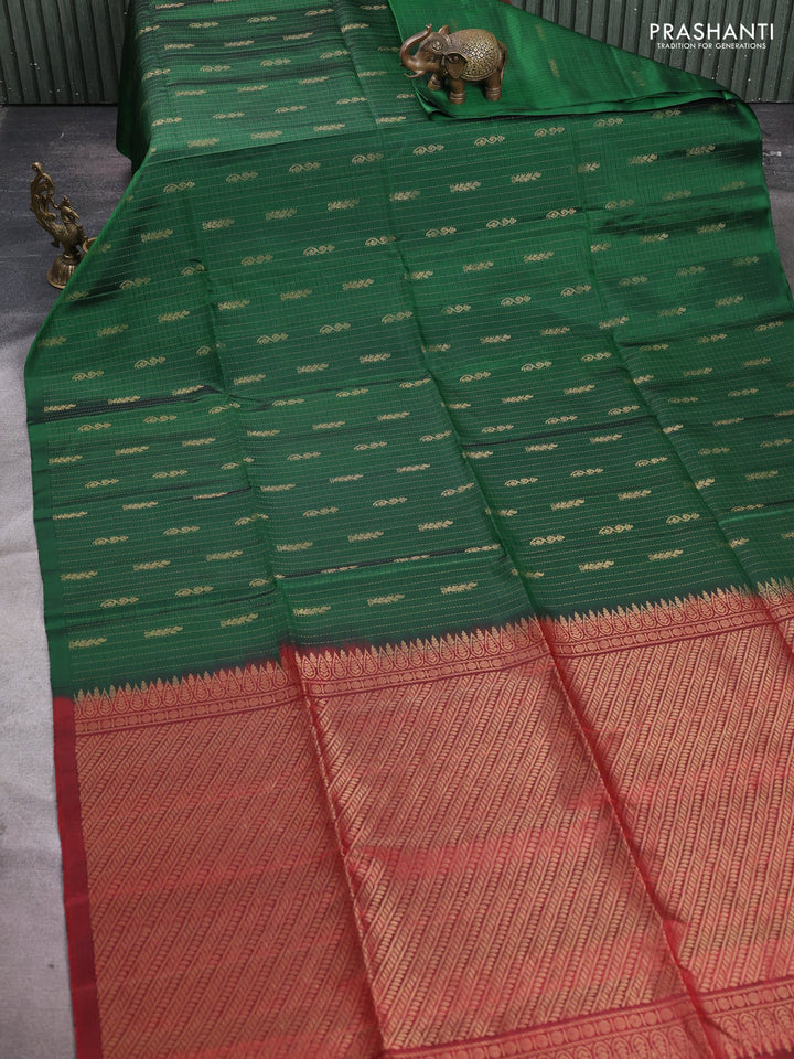 Pure soft silk saree bottle green and maroon with allover checked pattern & zari buttas in borderless style