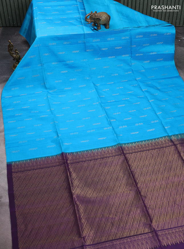 Pure soft silk saree cs blue and purple with allover checked pattern & zari buttas in borderless style