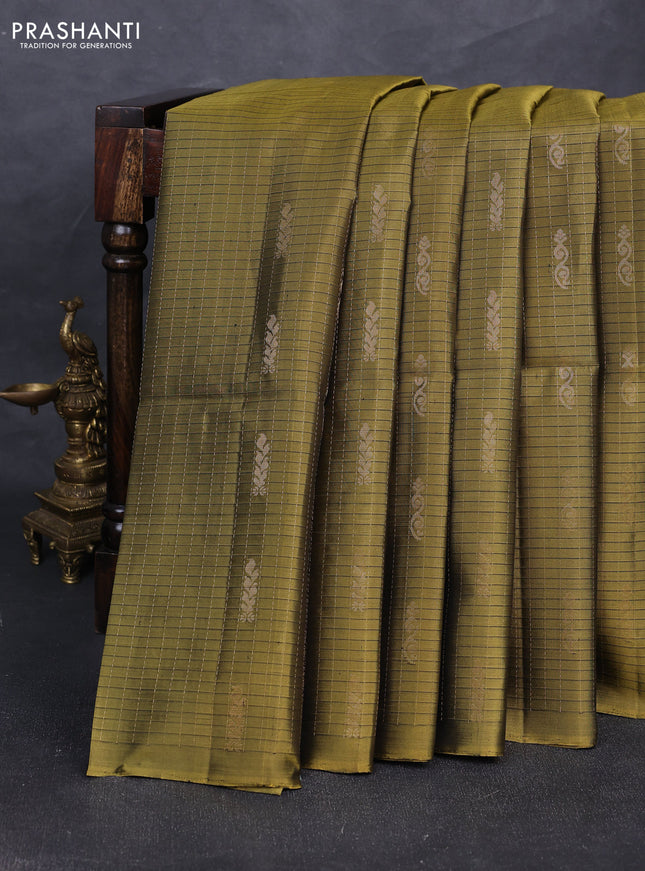 Pure soft silk saree olive green and maroon with allover checked pattern & zari buttas in borderless style