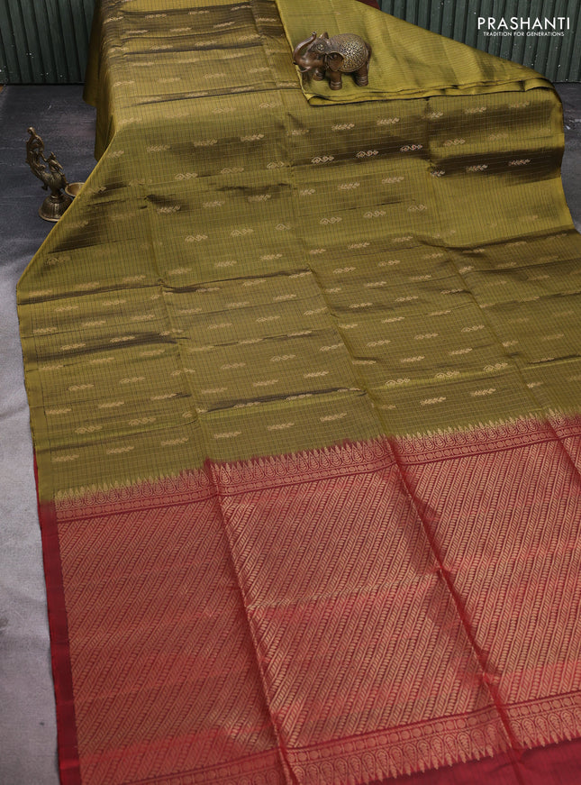 Pure soft silk saree olive green and maroon with allover checked pattern & zari buttas in borderless style
