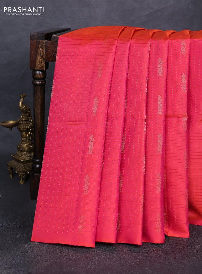 Pure soft silk saree dual shade of pink and purple with allover checked pattern & zari buttas in borderless style