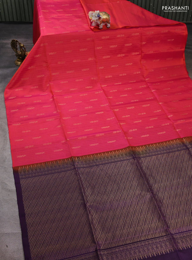 Pure soft silk saree dual shade of pink and purple with allover checked pattern & zari buttas in borderless style