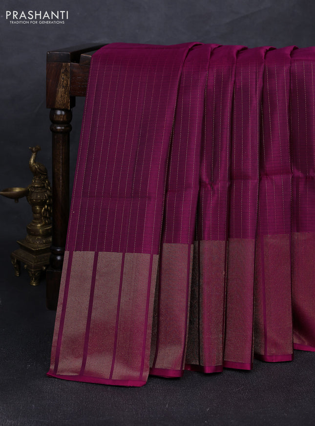 Pure soft silk saree dark magenta with allover zari stripe pattern and long zari woven border