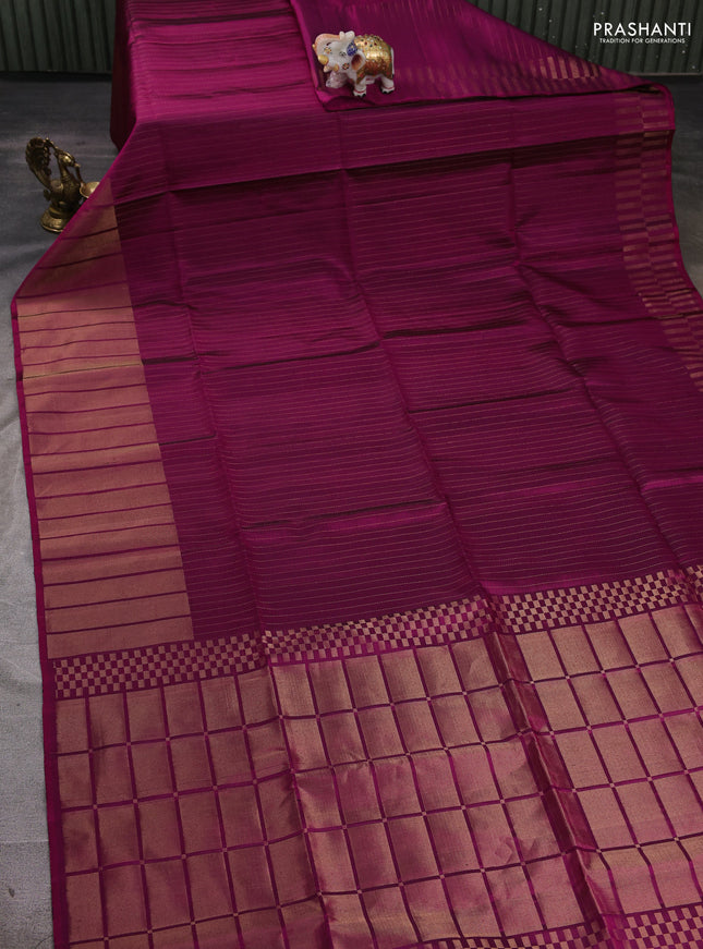 Pure soft silk saree dark magenta with allover zari stripe pattern and long zari woven border