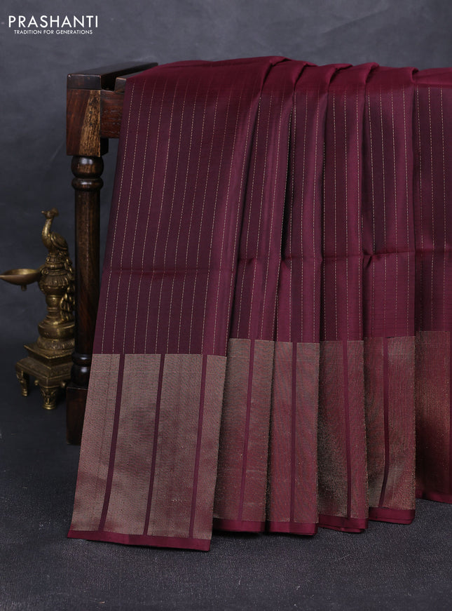 Pure soft silk saree wine shade with allover zari stripe pattern and long zari woven border