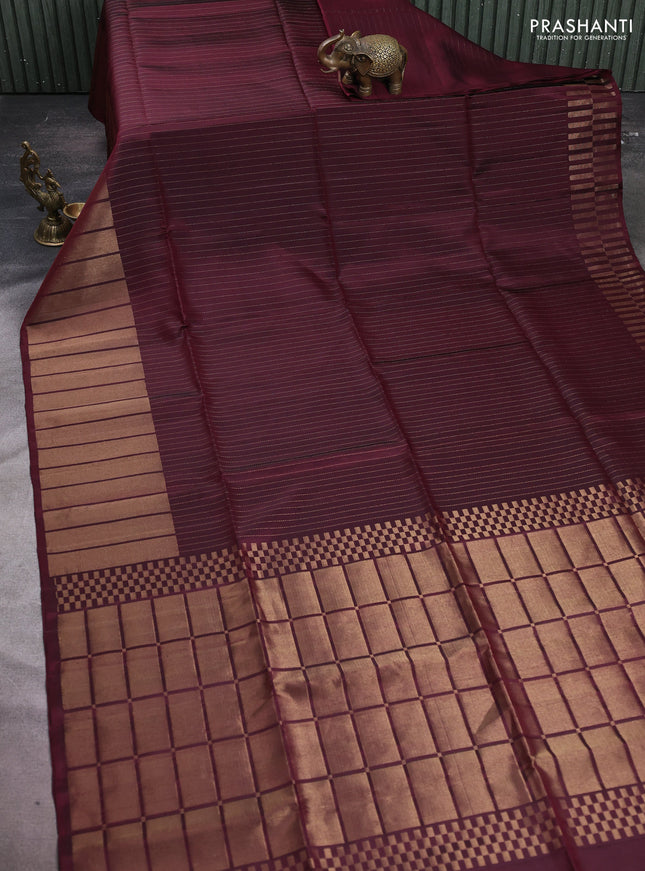 Pure soft silk saree wine shade with allover zari stripe pattern and long zari woven border