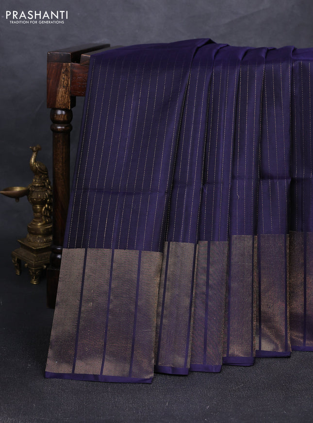 Pure soft silk saree navy blue with allover zari stripe pattern and long zari woven border