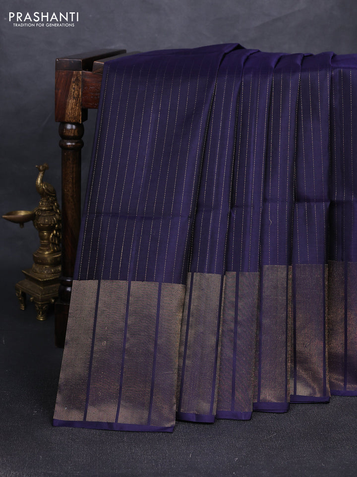 Pure soft silk saree navy blue with allover zari stripe pattern and long zari woven border