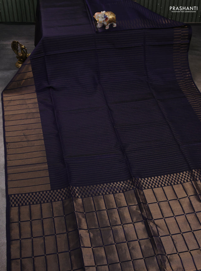 Pure soft silk saree navy blue with allover zari stripe pattern and long zari woven border