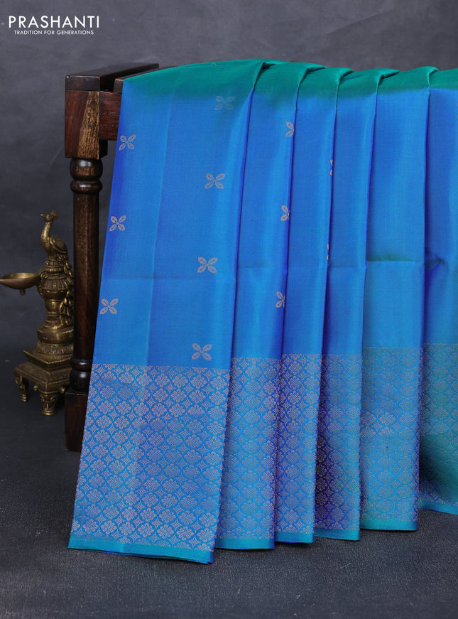 Pure soft silk saree dual shade of bluish green with zari woven buttas and zari woven border