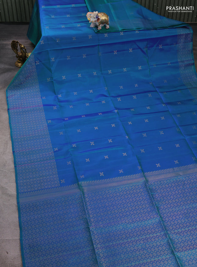 Pure soft silk saree dual shade of bluish green with zari woven buttas and zari woven border