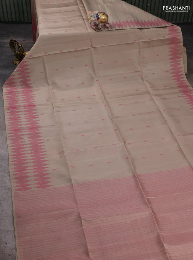Pure soft silk saree beige with allover thread woven buttas and thread woven border