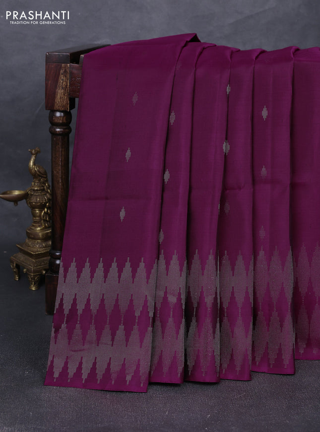 Pure soft silk saree dark magenta with allover silver zari woven buttas and silver zari woven border