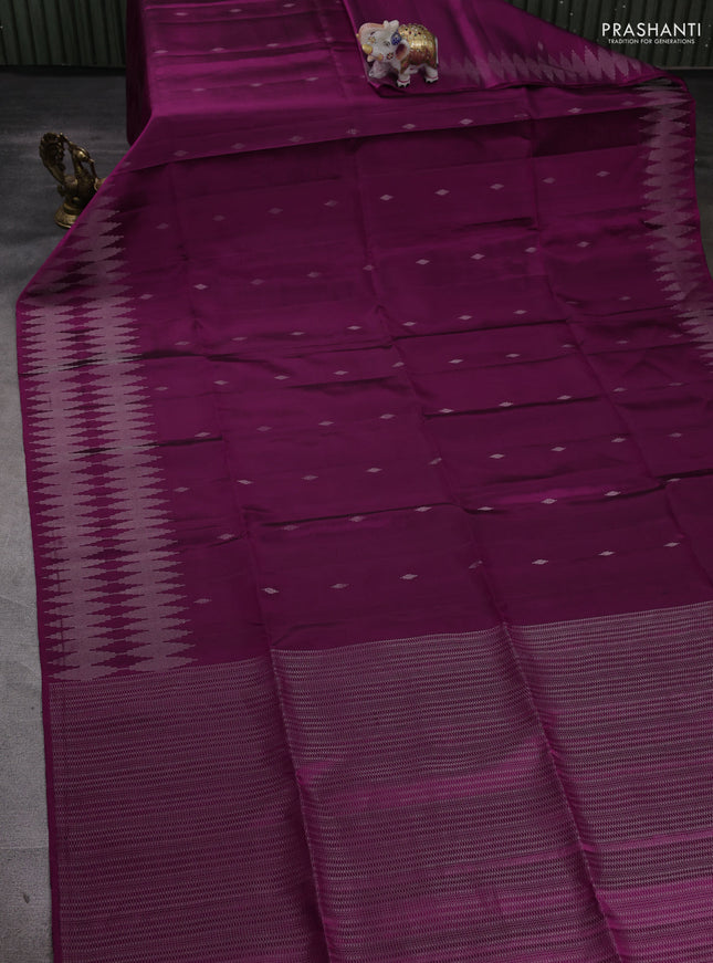 Pure soft silk saree dark magenta with allover silver zari woven buttas and silver zari woven border