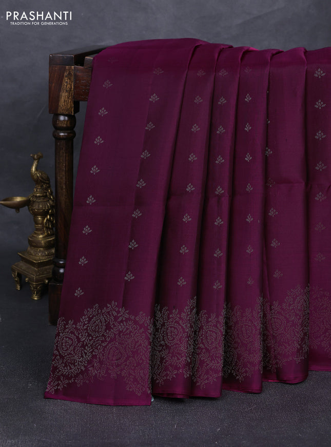 Pure soft silk saree dark magenta with allover silver zari woven buttas and silver zari woven border