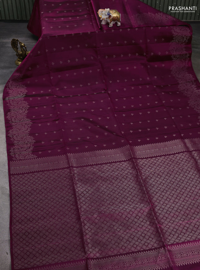 Pure soft silk saree dark magenta with allover silver zari woven buttas and silver zari woven border