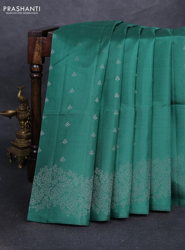 Pure soft silk saree green with allover silver zari woven buttas and silver zari woven border