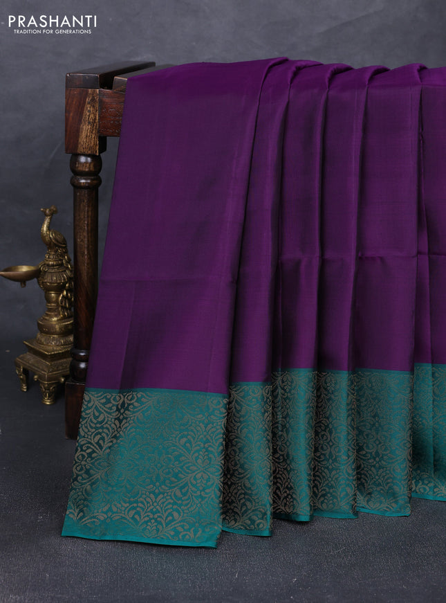 Pure soft silk saree purple and teal green with plain body and zari woven border