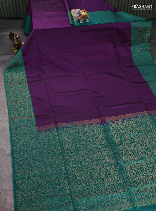 Pure soft silk saree purple and teal green with plain body and zari woven border