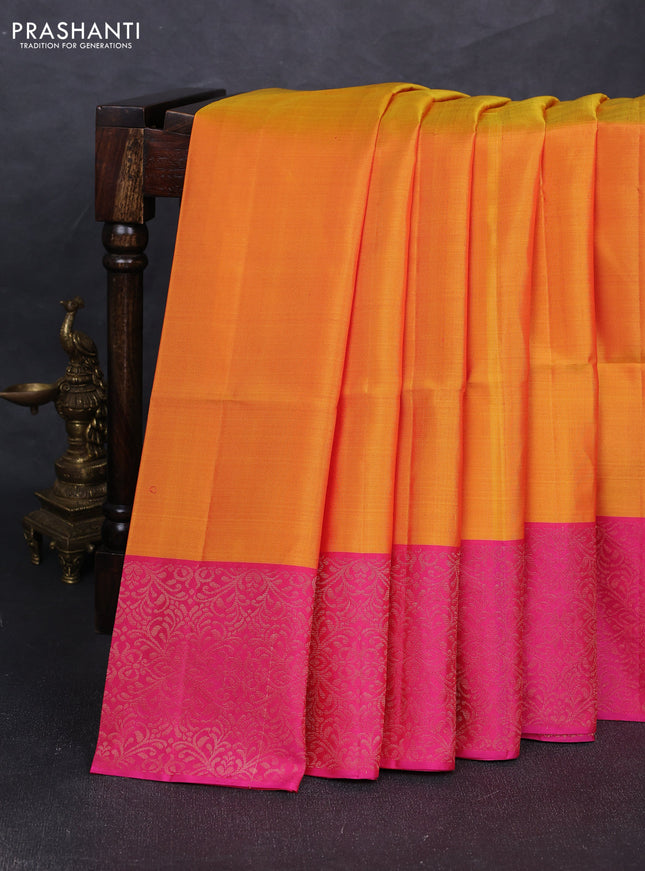 Pure soft silk saree dual shade of mango yellow and pink with plain body and zari woven border