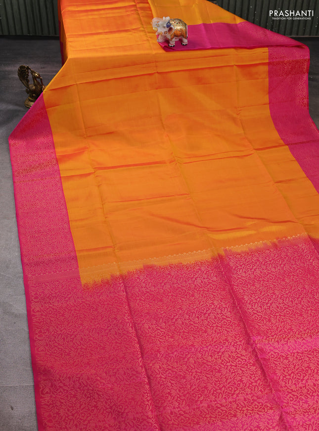 Pure soft silk saree dual shade of mango yellow and pink with plain body and zari woven border