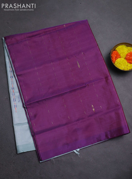 Banana pith saree purple and pastel blue with thread woven buttas in borderless style