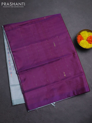 Banana pith saree purple and pastel blue with thread woven buttas in borderless style