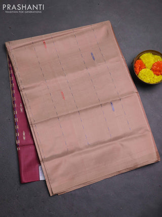 Banana pith saree sandal and maroon with thread woven buttas in borderless style