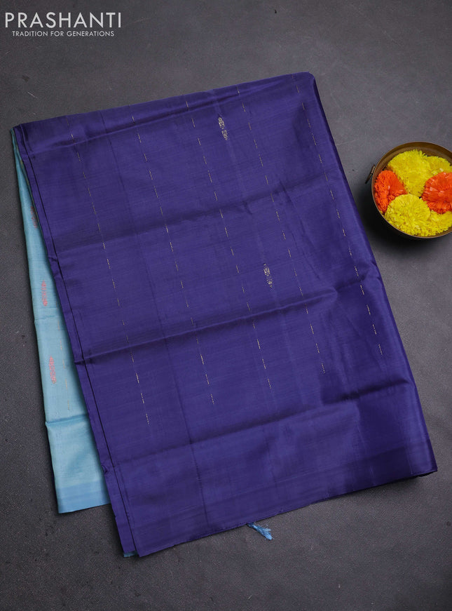 Banana pith saree navy blue and light blue with thread woven buttas in borderless style