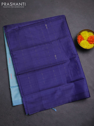 Banana pith saree navy blue and light blue with thread woven buttas in borderless style