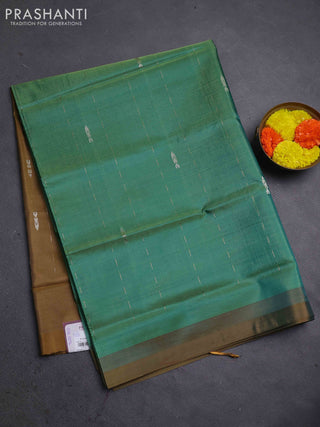 Banana pith saree green and dark mustard with thread woven buttas in borderless style