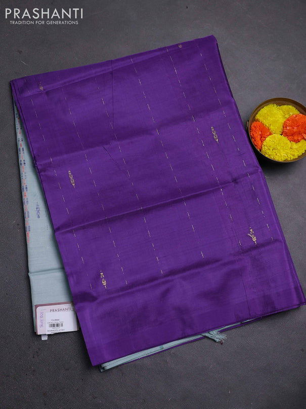 Banana pith saree violet and pastel blue with thread woven buttas in borderless style