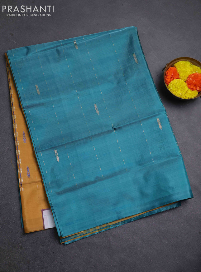 Banana pith saree teal green and mustard yellow with thread woven buttas in borderless style